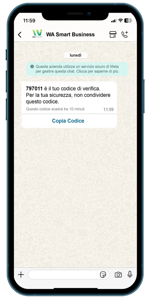 Messaggio di Autenticazione con pulsante copia codice - WA Smart Business